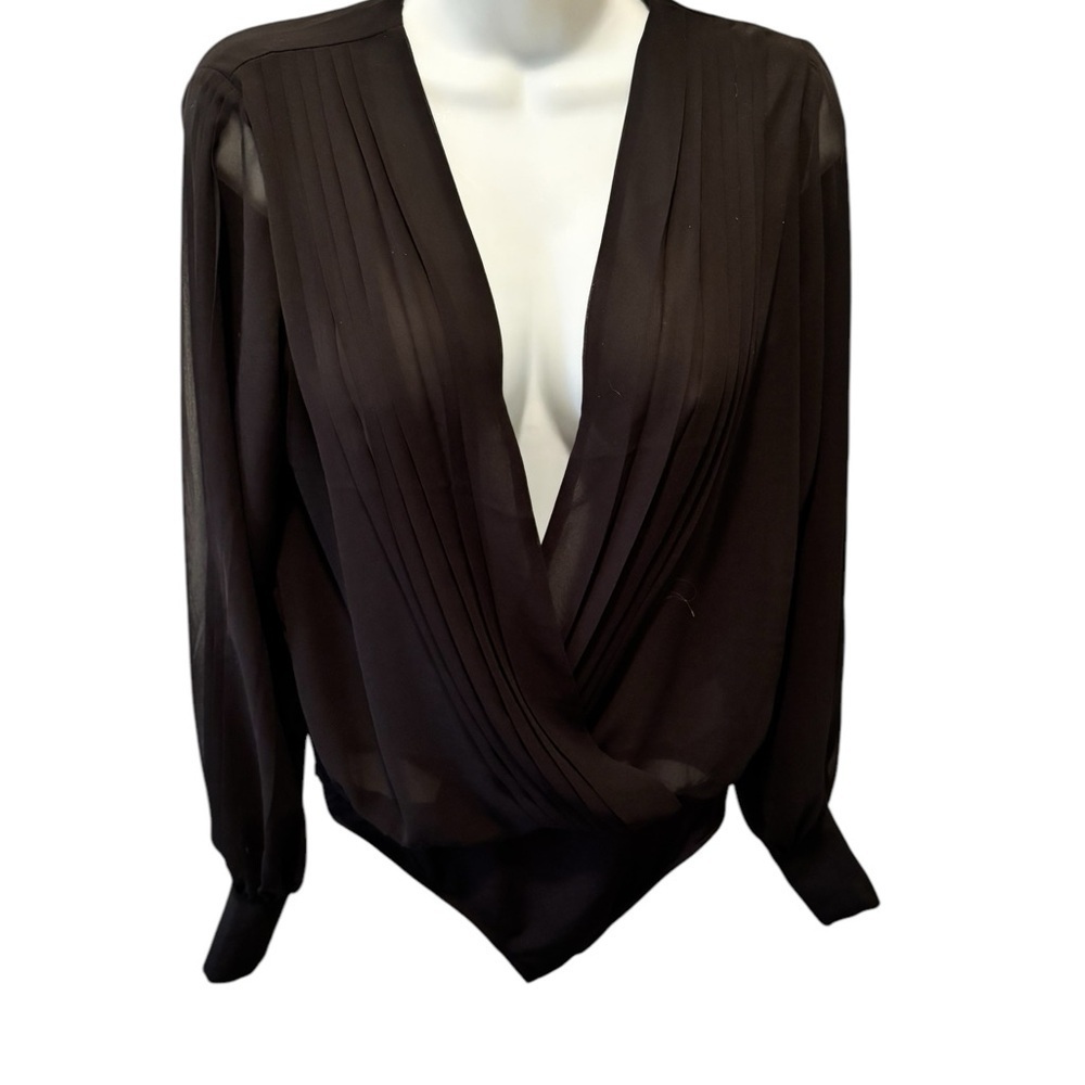 Express Plunging Chiffon Draped Black Bodysuit S Sheer Ballon Sleeve Sexy